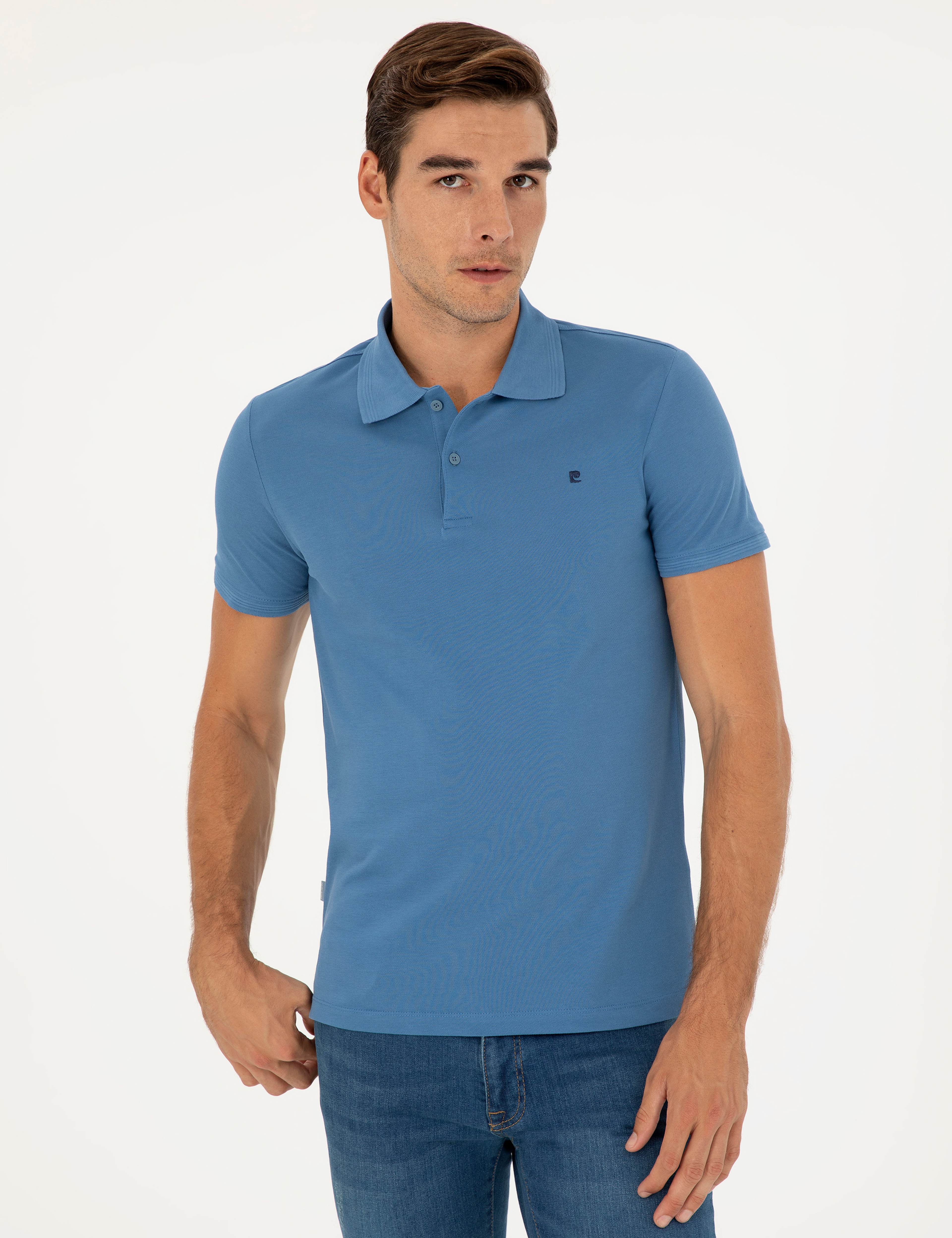Koyu Mavi Slim Fit %100 Pamuk Düğmeli Polo Yaka Basic Tişört