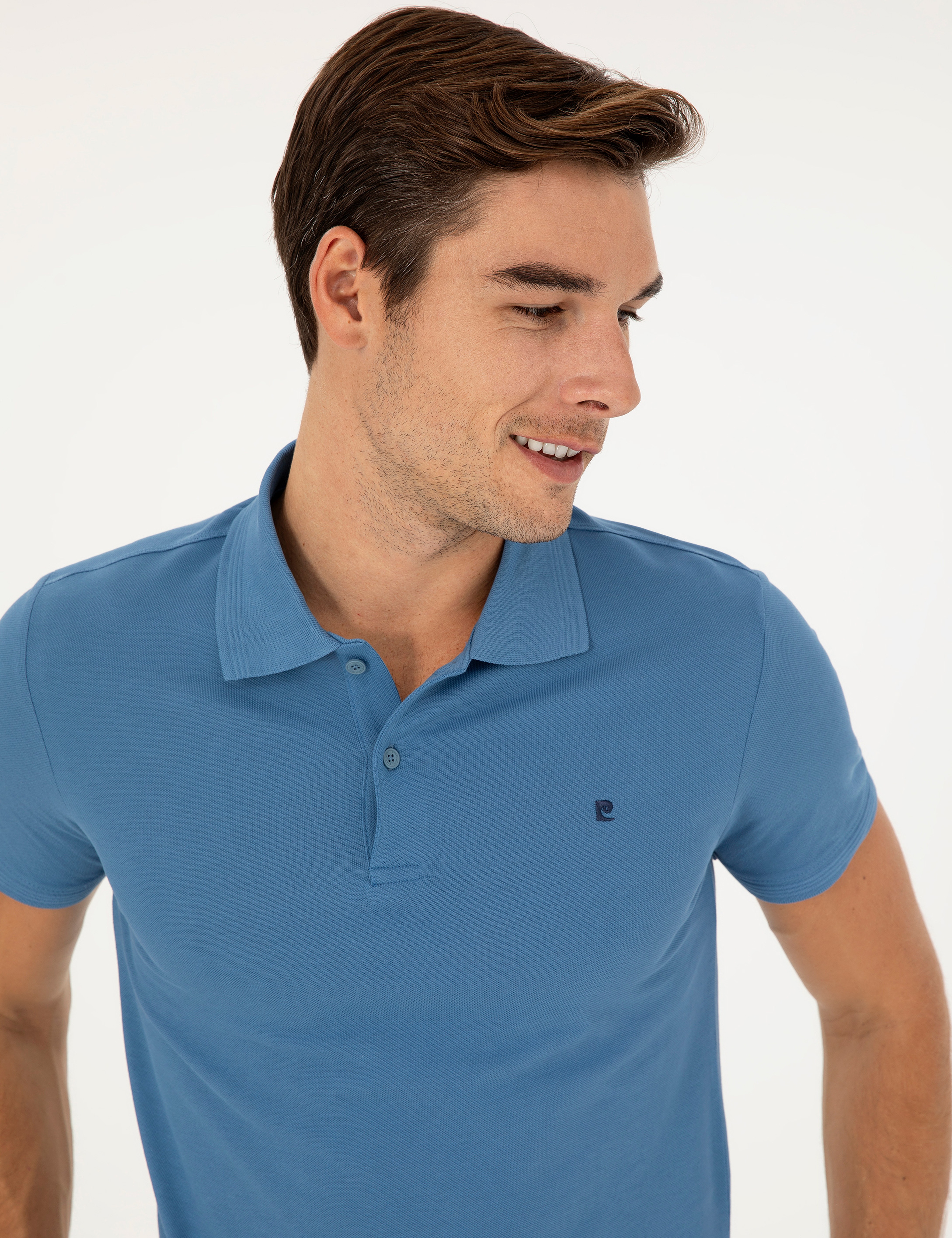 Koyu Mavi Slim Fit %100 Pamuk Düğmeli Polo Yaka Basic Tişört