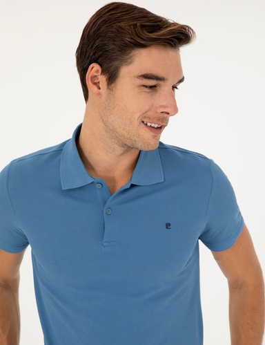 Koyu Mavi Slim Fit %100 Pamuk Düğmeli Polo Yaka Basic Tişört