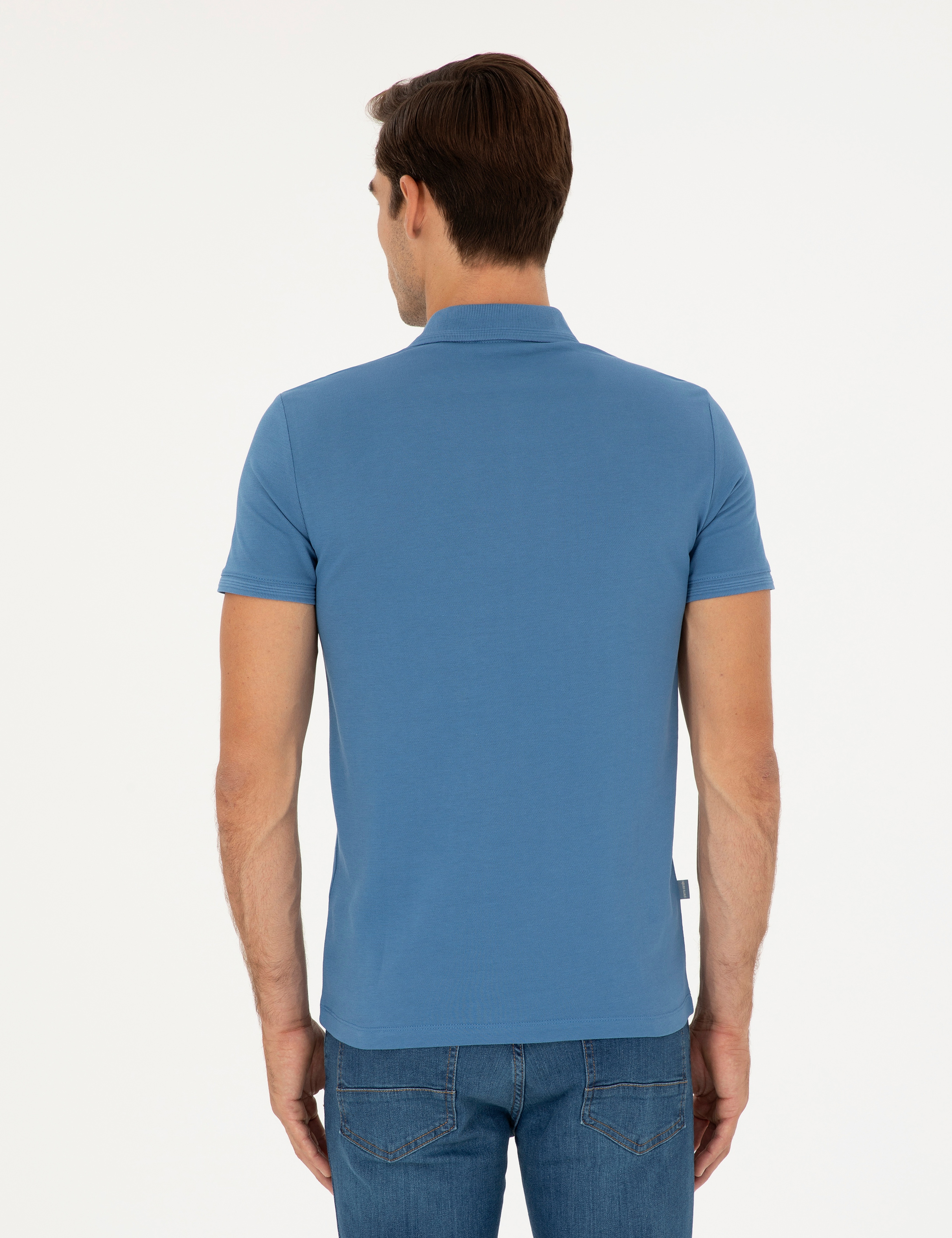 Koyu Mavi Slim Fit %100 Pamuk Düğmeli Polo Yaka Basic Tişört