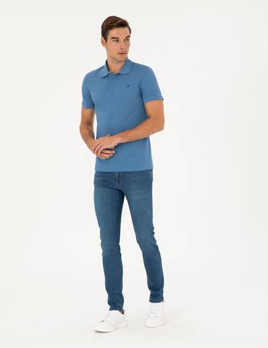 Koyu Mavi Slim Fit %100 Pamuk Polo Yaka Basic Tişört