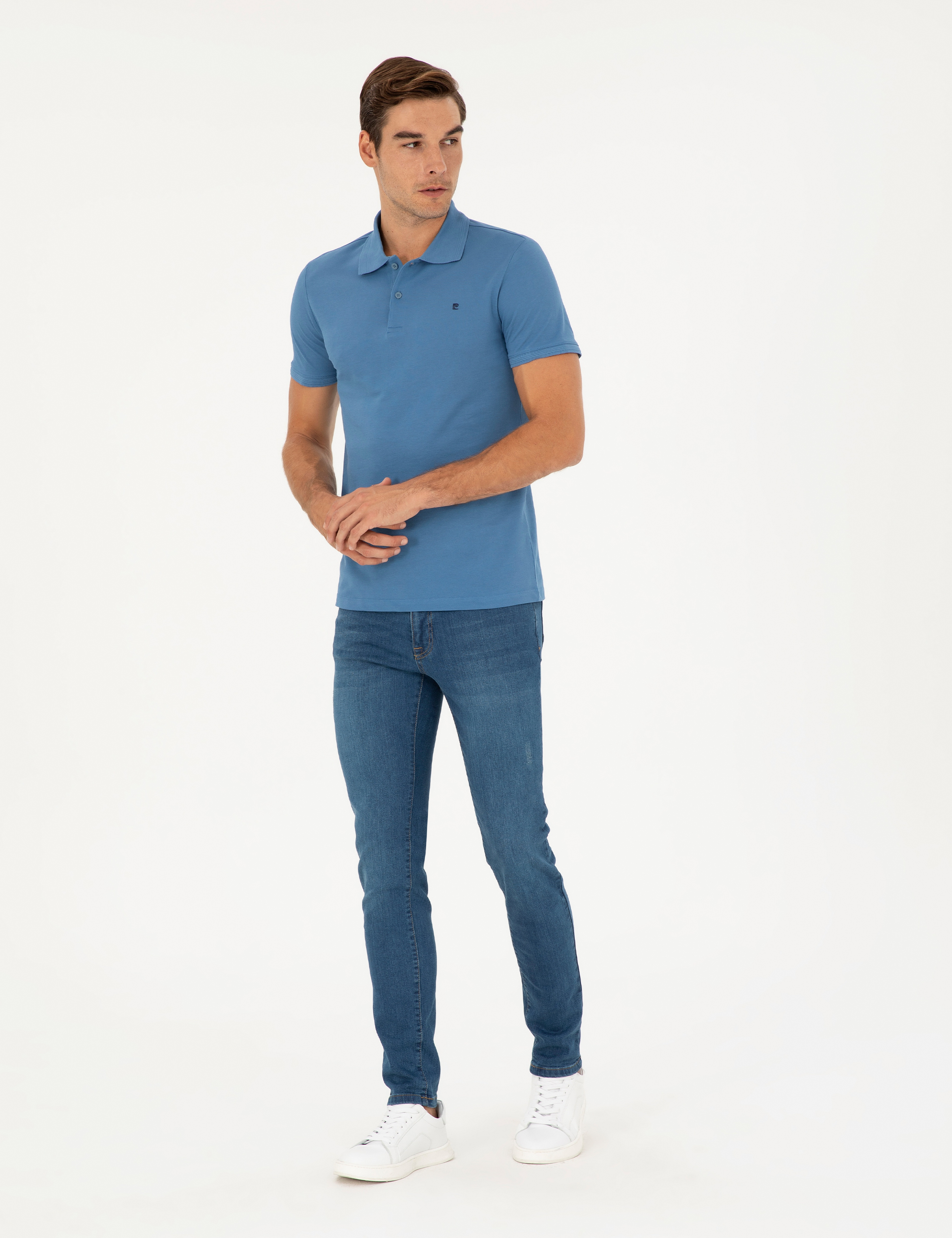 Koyu Mavi Slim Fit %100 Pamuk Düğmeli Polo Yaka Basic Tişört