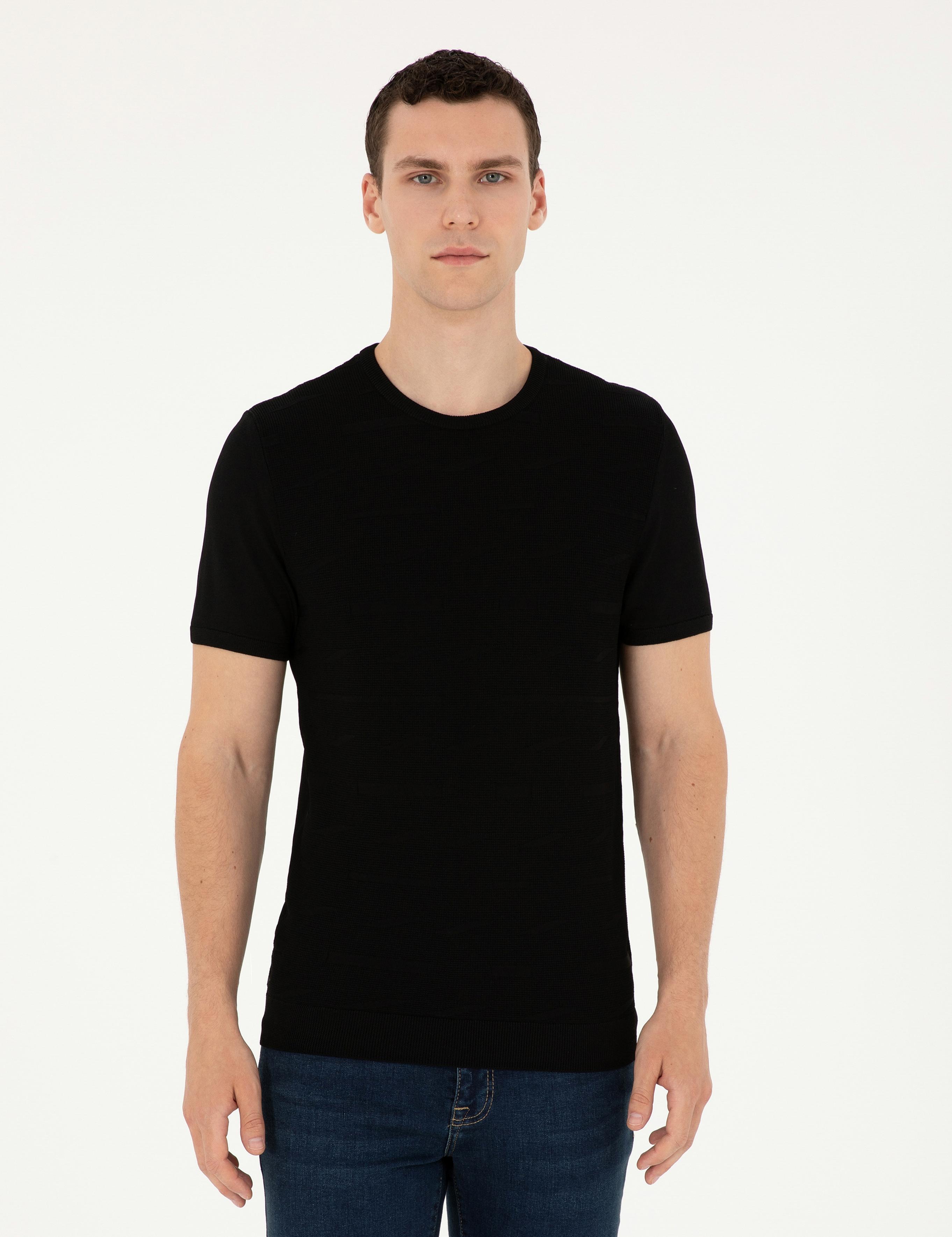 Siyah Slim Fit Bisiklet Yaka Triko Tişört