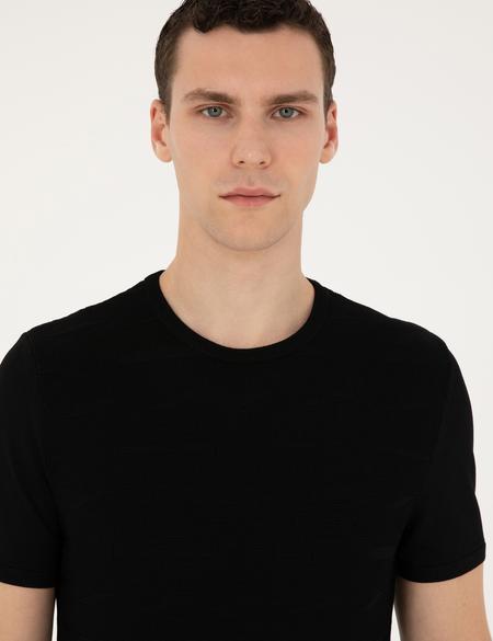 Siyah Slim Fit Bisiklet Yaka Triko Tişört - 50287450019