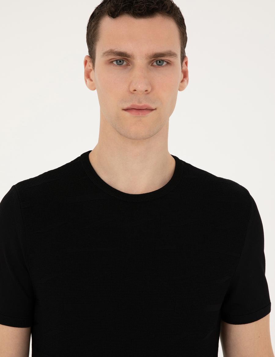 Siyah Slim Fit Bisiklet Yaka Triko Tişört