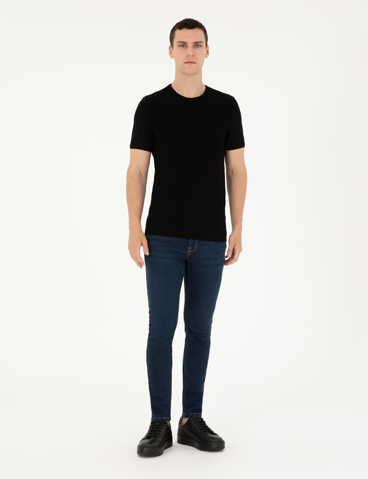 Siyah Slim Fit Bisiklet Yaka Triko Tişört - 50287450019