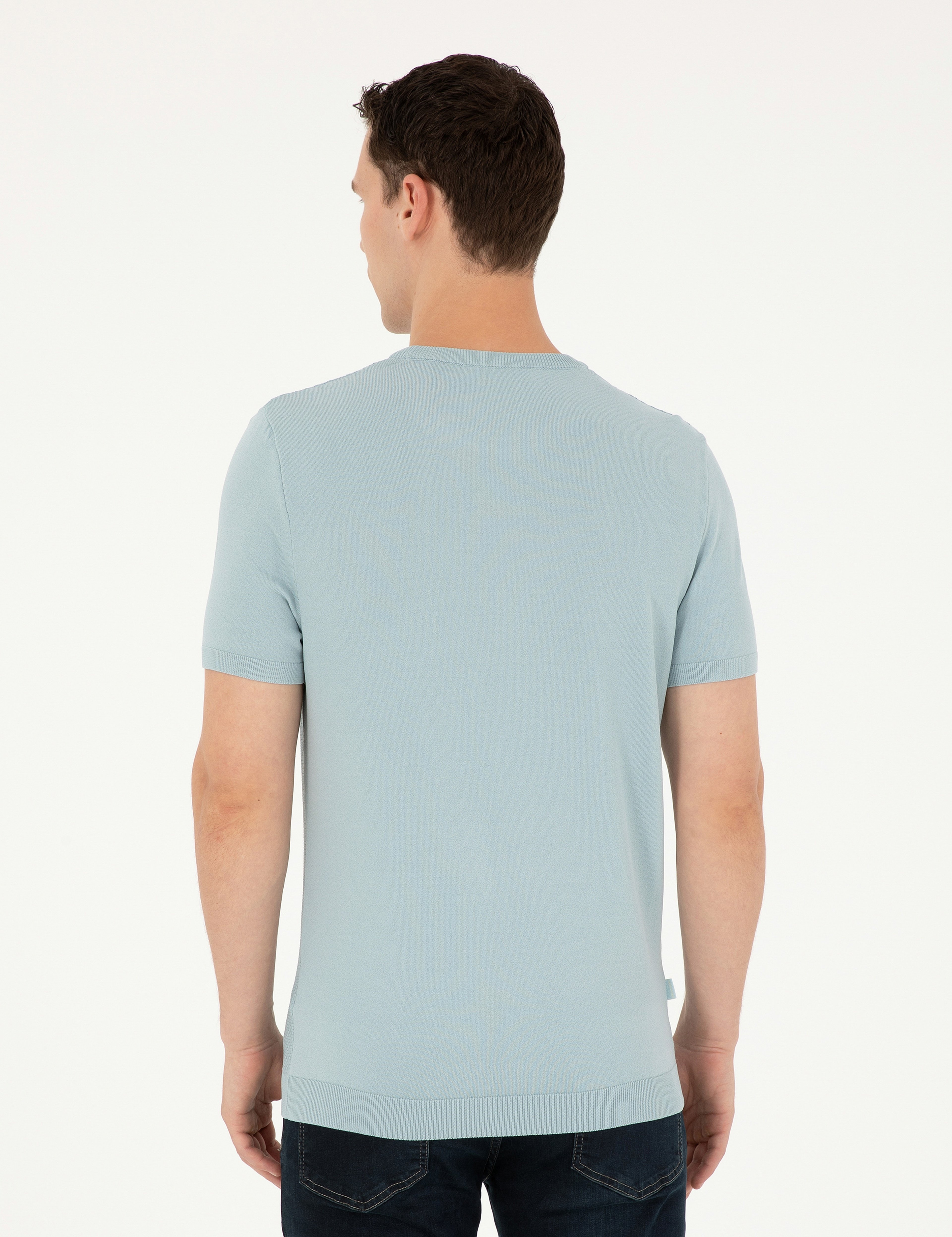 Açık Mavi Slim Fit Bisiklet Yaka Triko Tişört - Image 5