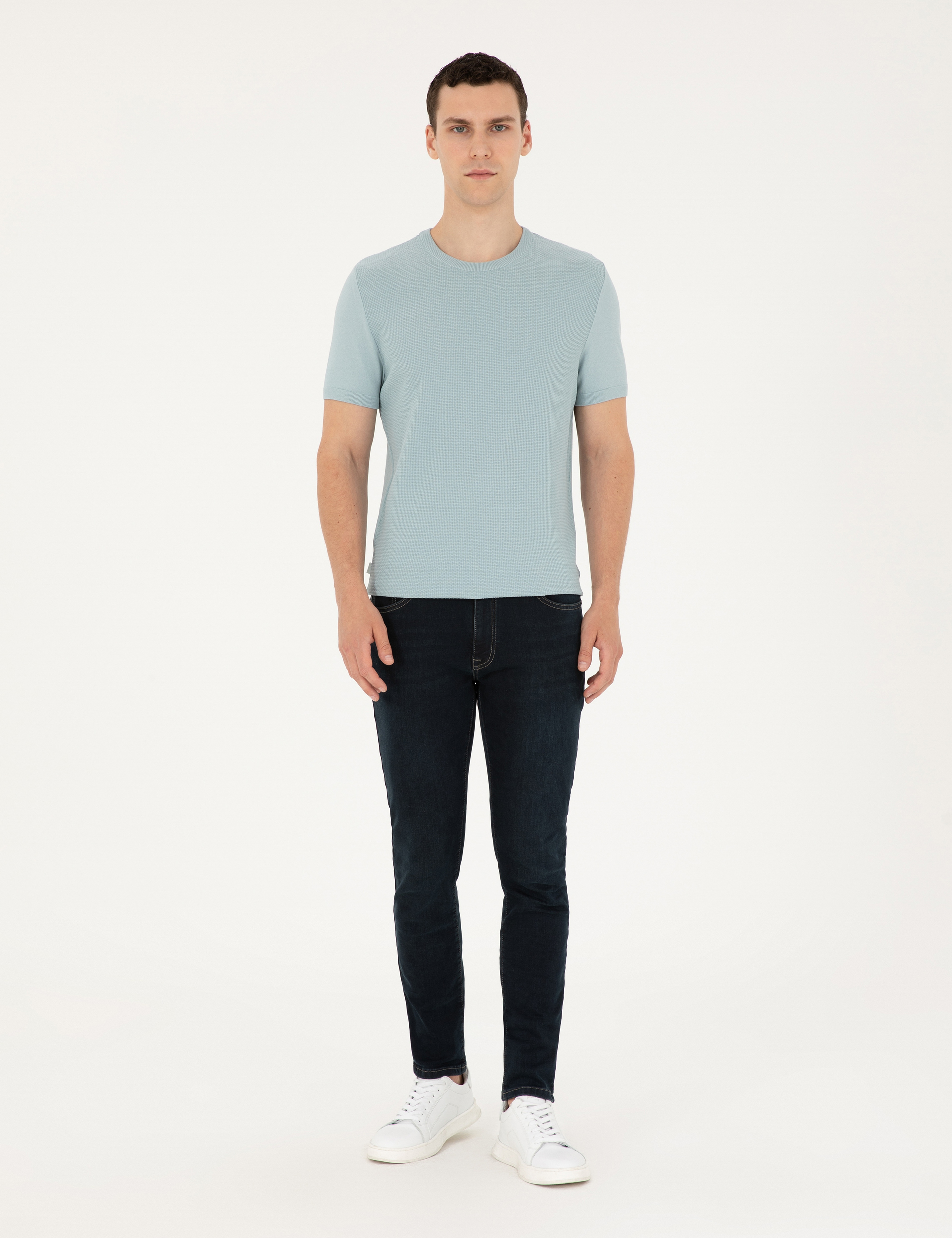 Açık Mavi Slim Fit Bisiklet Yaka Triko Tişört - Image 4