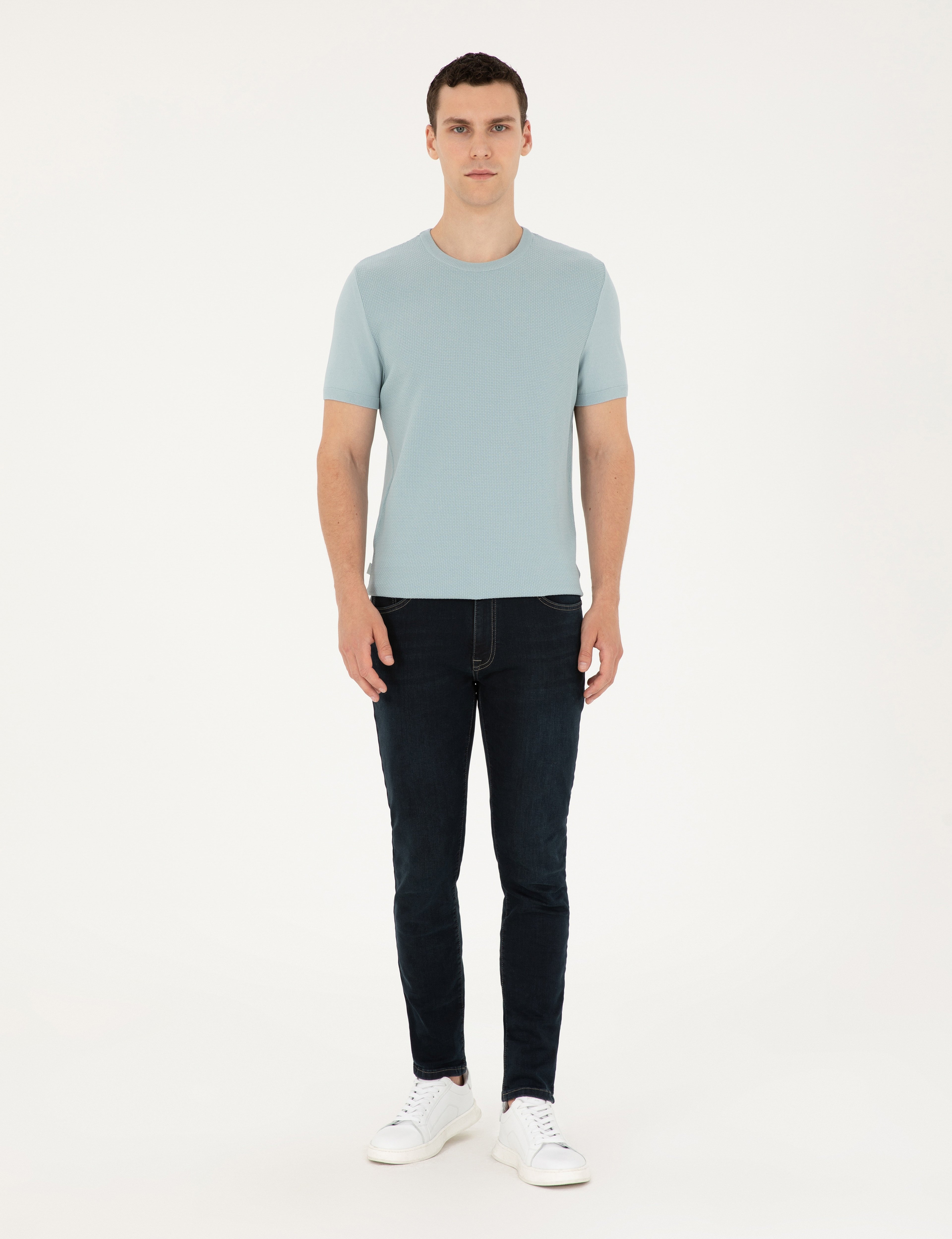 Açık Mavi Slim Fit Bisiklet Yaka Triko Tişört
