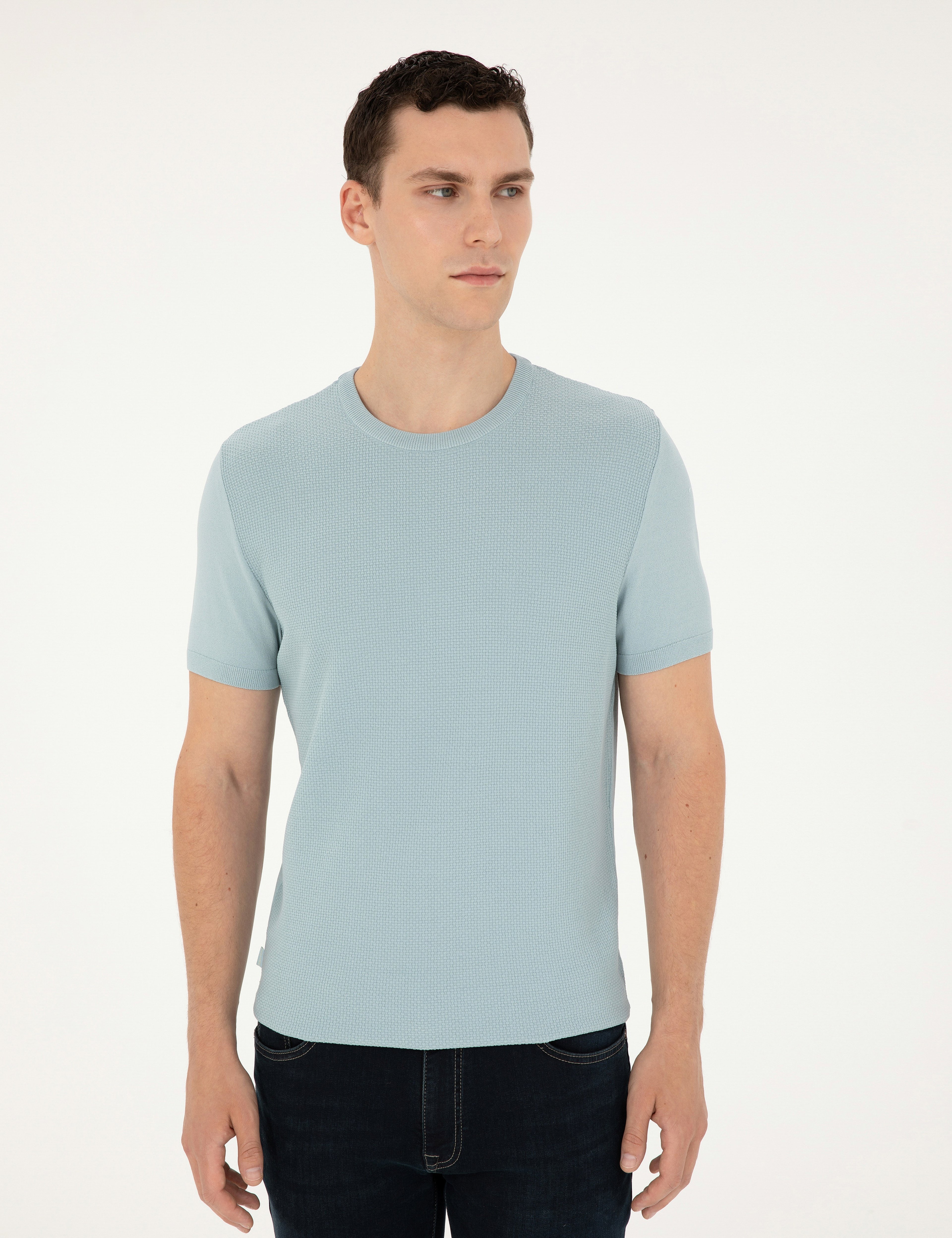 Açık Mavi Slim Fit Bisiklet Yaka Triko Tişört - Image 3