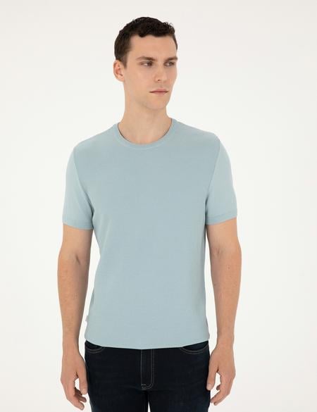 Açık Mavi Slim Fit Bisiklet Yaka Triko Tişört - 50302441006