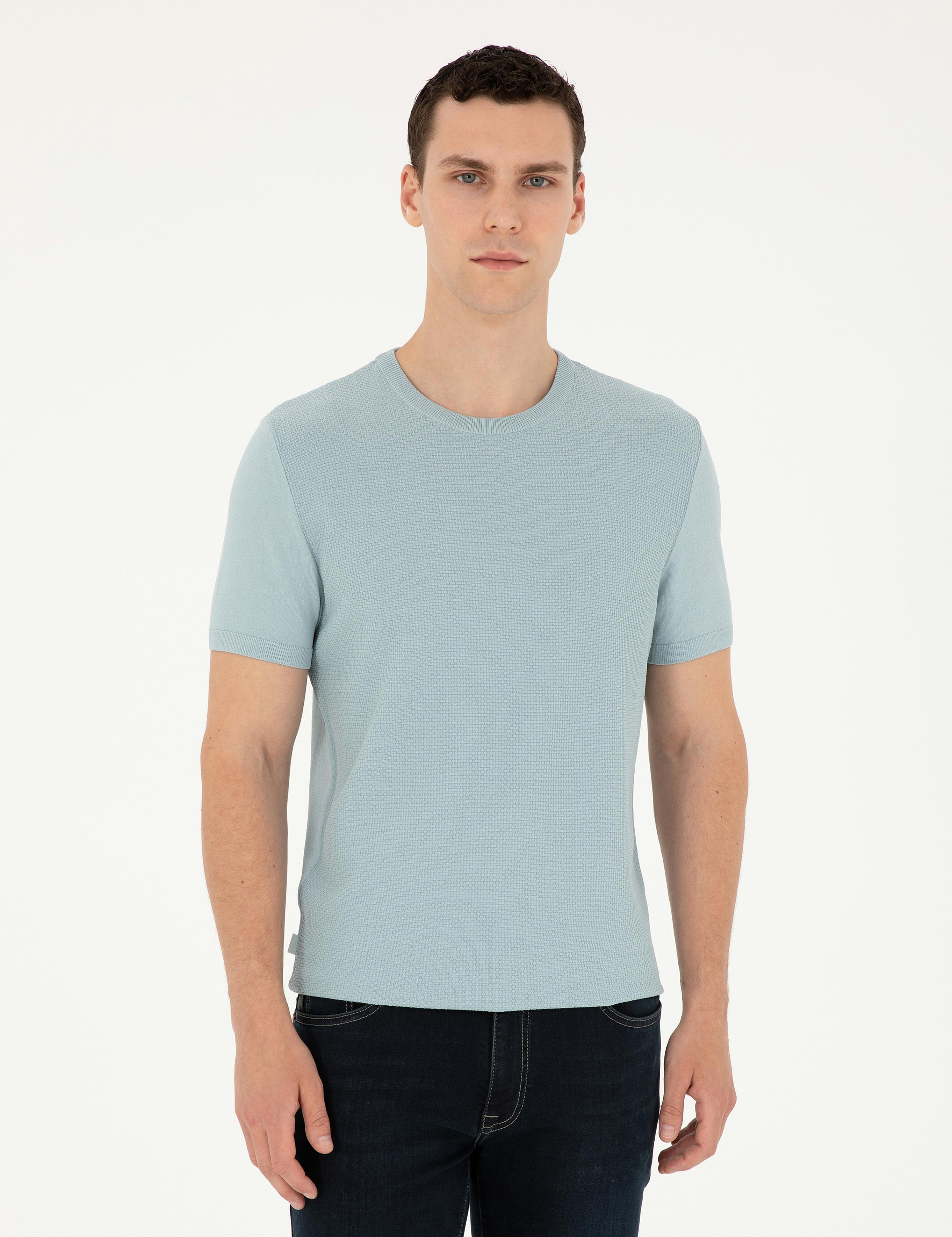 Açık Mavi Slim Fit Bisiklet Yaka Triko Tişört