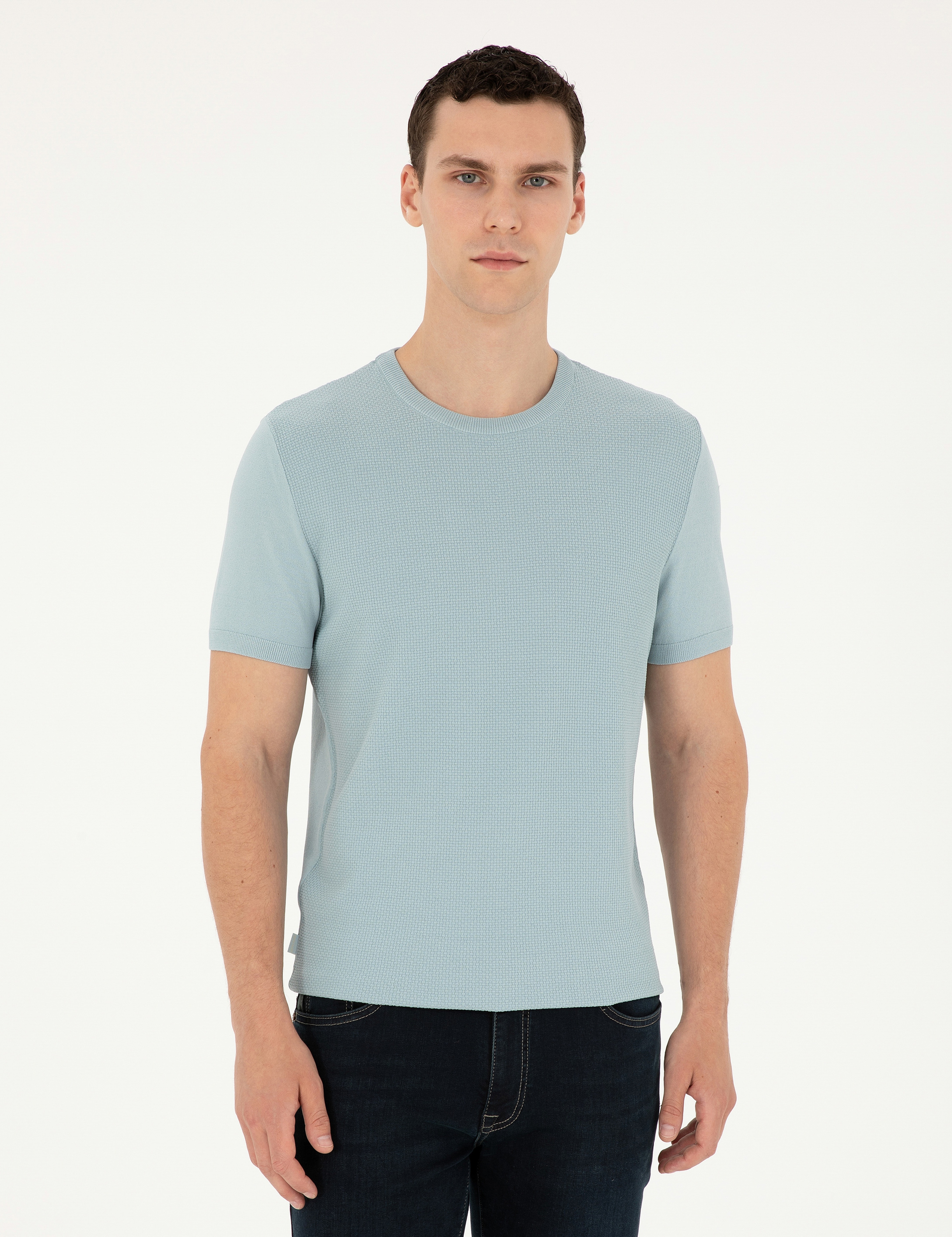 Açık Mavi Slim Fit Bisiklet Yaka Triko Tişört - Image 1