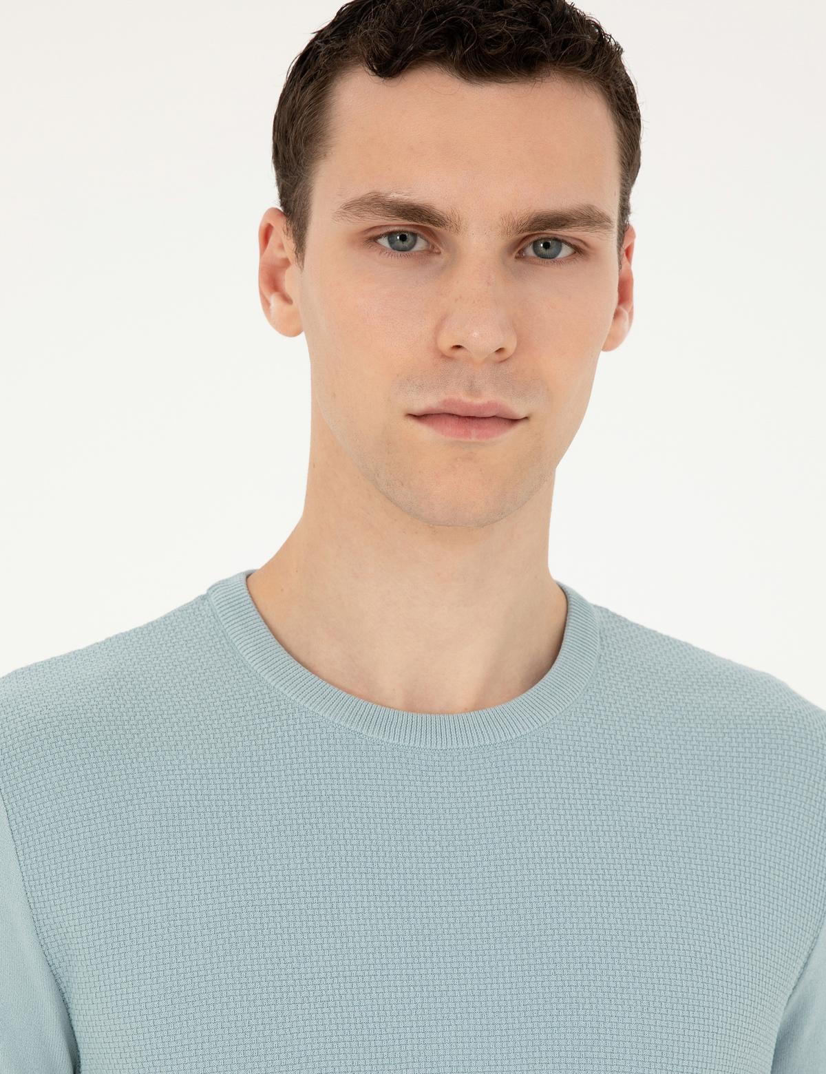 Açık Mavi Slim Fit Bisiklet Yaka Triko Tişört - 50302441006