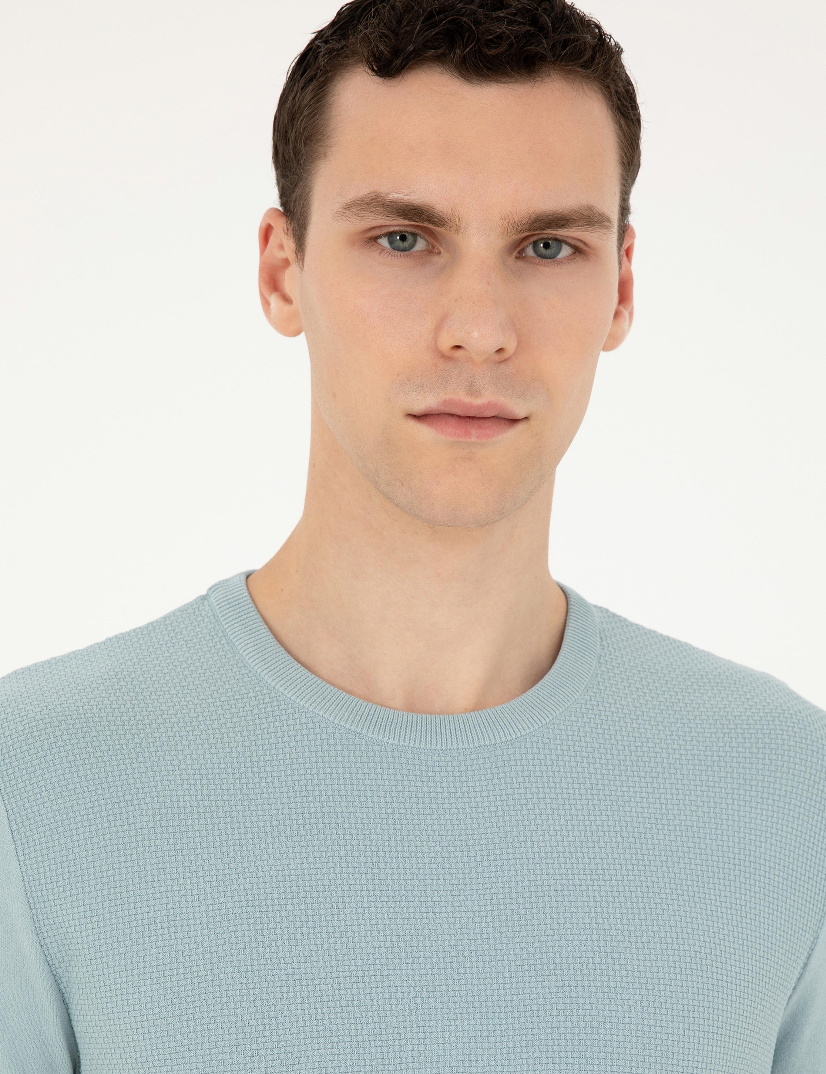 Açık Mavi Slim Fit Bisiklet Yaka Triko Tişört