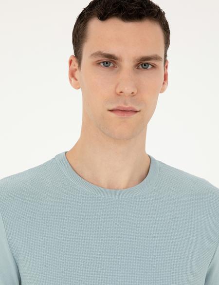 Açık Mavi Slim Fit Bisiklet Yaka Triko Tişört - 50302441006