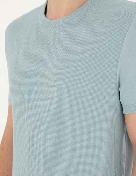 Açık Mavi Slim Fit Bisiklet Yaka Triko Tişört - 50302441006