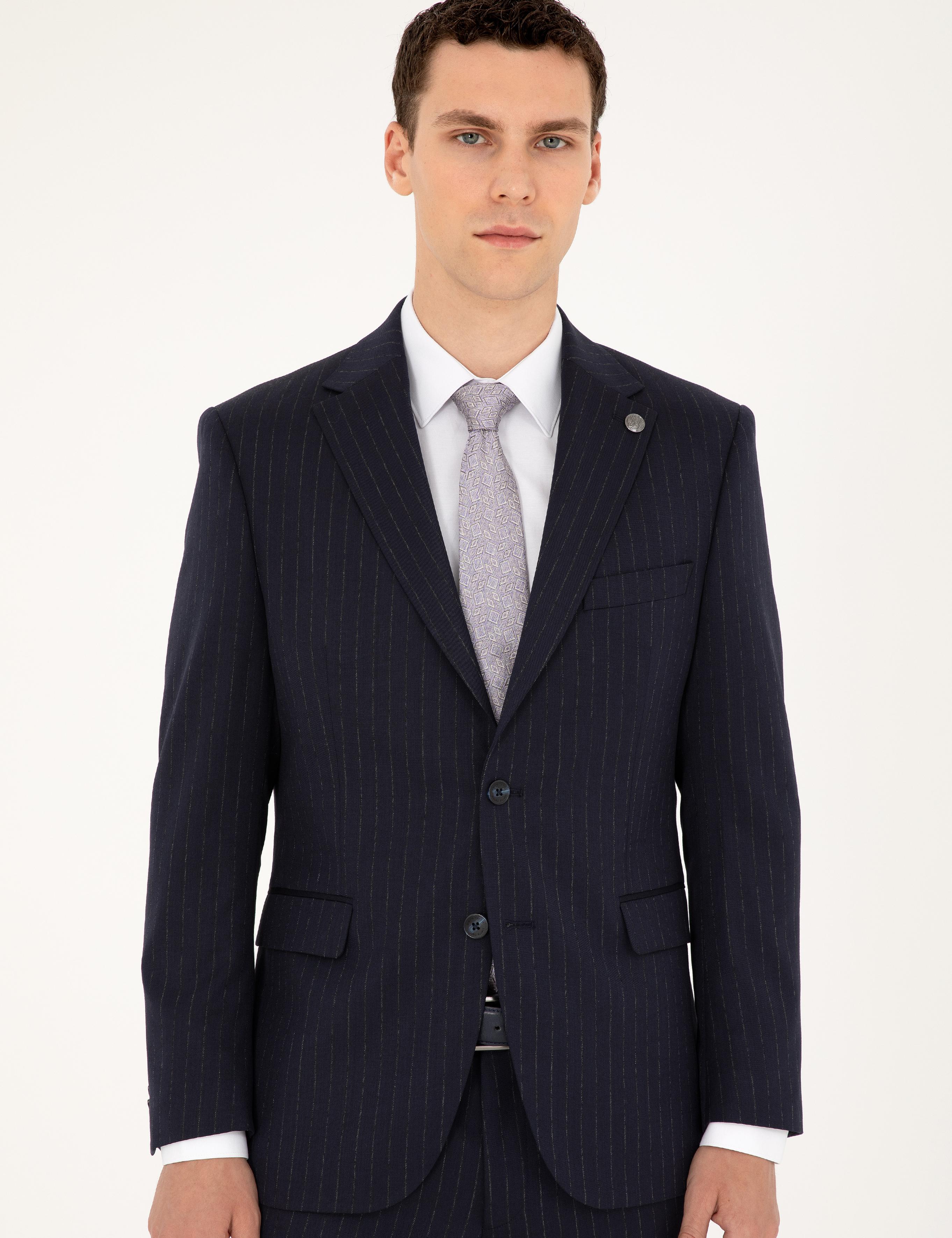 Lacivert Slim Fit Çizgili Takım Elbise