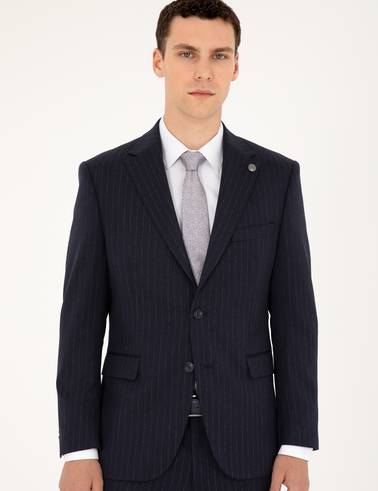 Lacivert Slim Fit Çizgili Takım Elbise