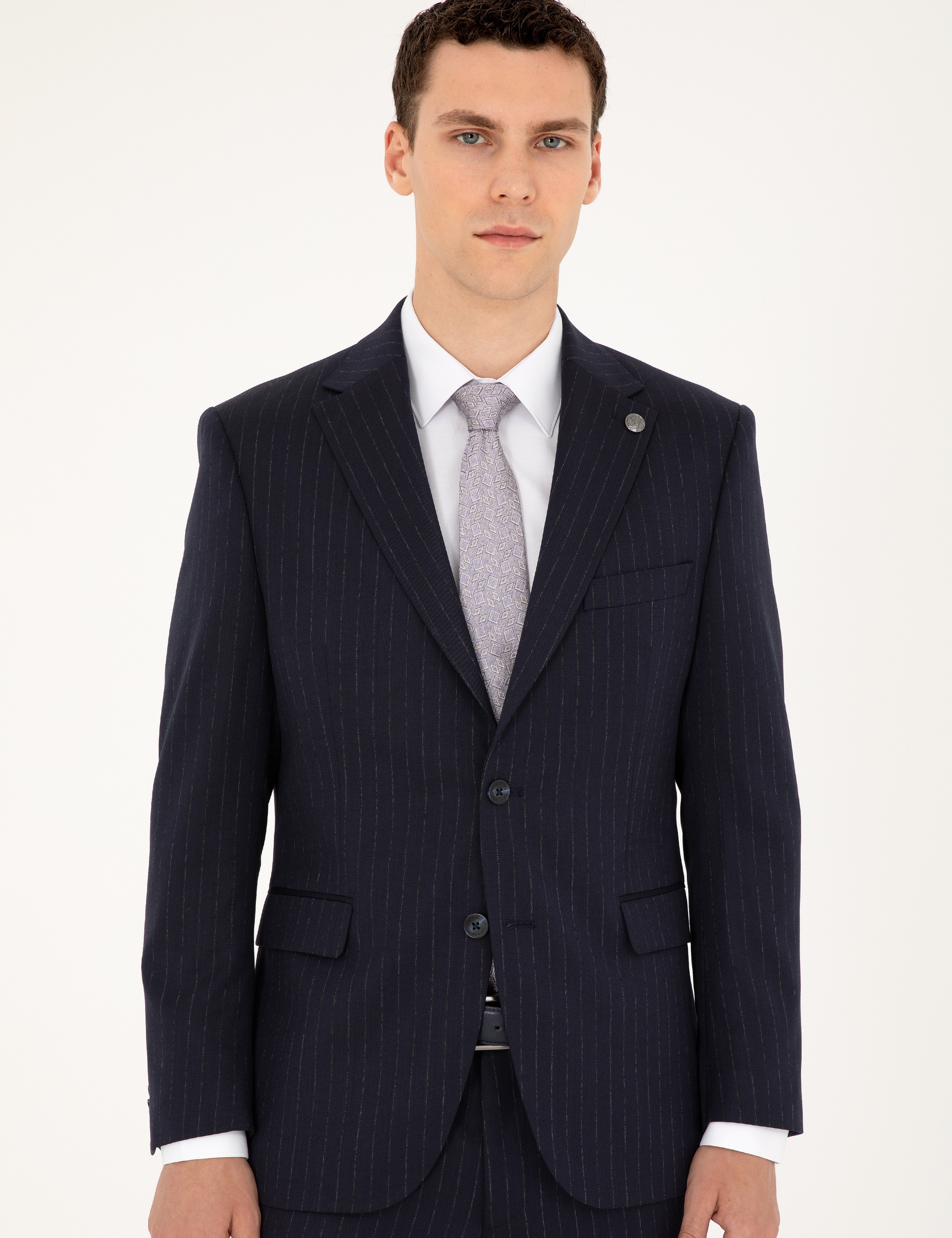 Lacivert Slim Fit Çizgili Takım Elbise