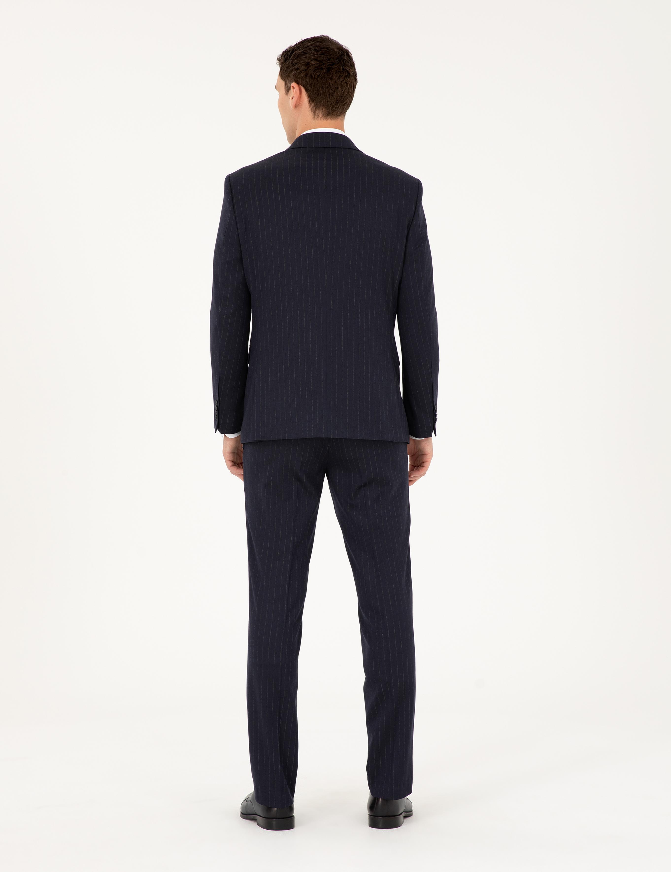 Lacivert Slim Fit Çizgili Takım Elbise