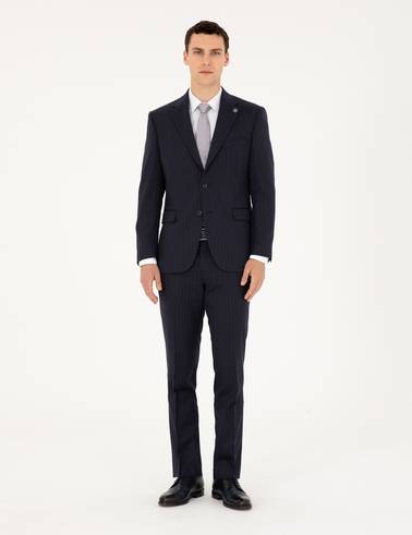 Lacivert Slim Fit Çizgili Takım Elbise
