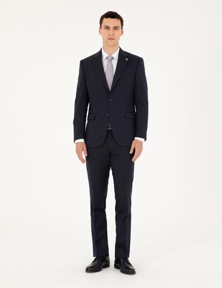 Lacivert Slim Fit Çizgili Takım Elbise - 50295740020