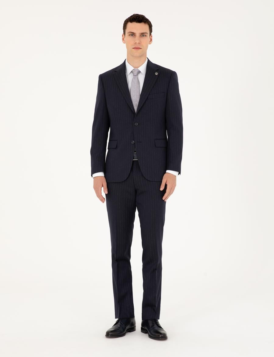 Lacivert Slim Fit Çizgili Takım Elbise