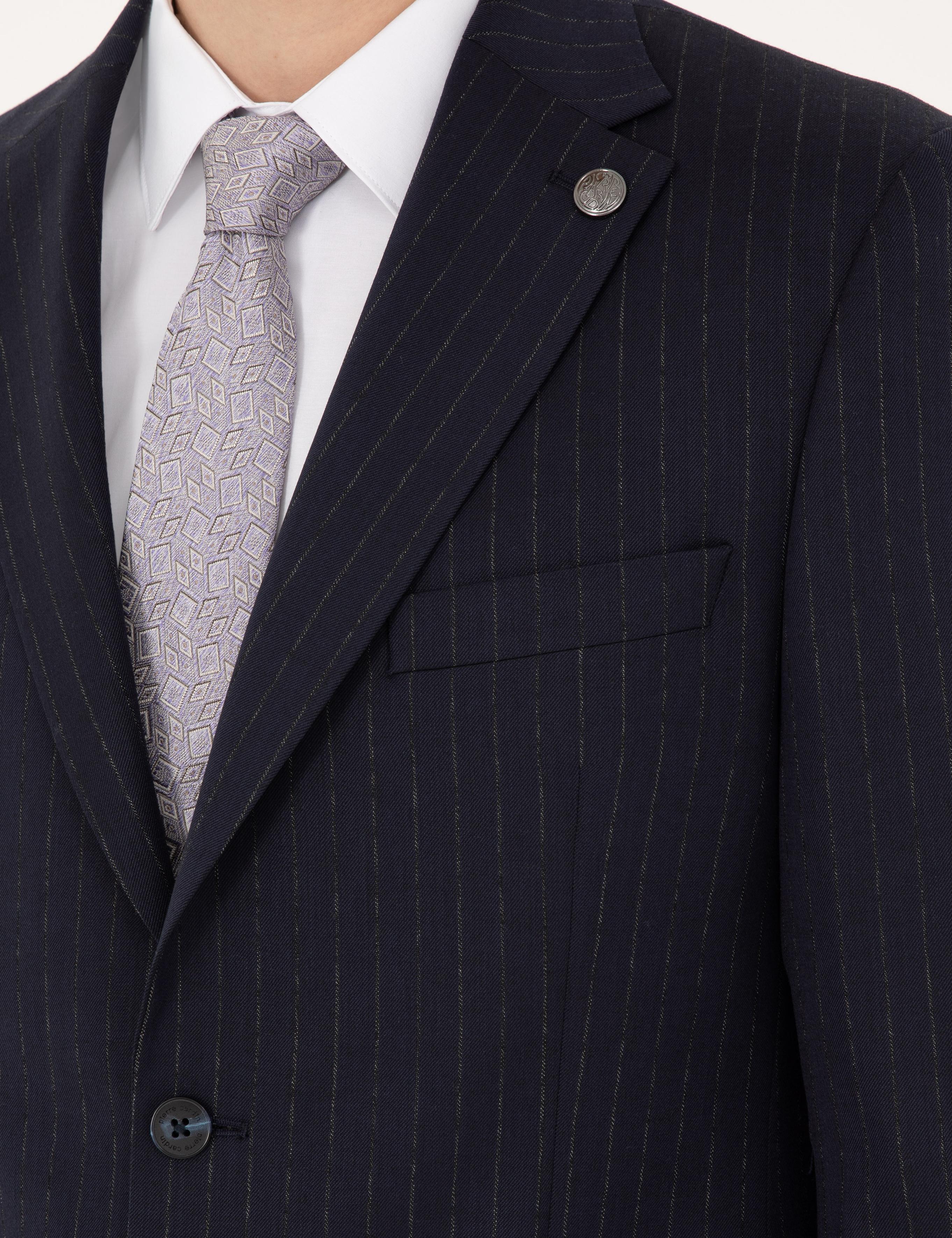 Lacivert Slim Fit Çizgili Takım Elbise