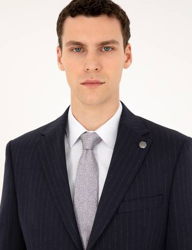 Lacivert Slim Fit Çizgili Takım Elbise