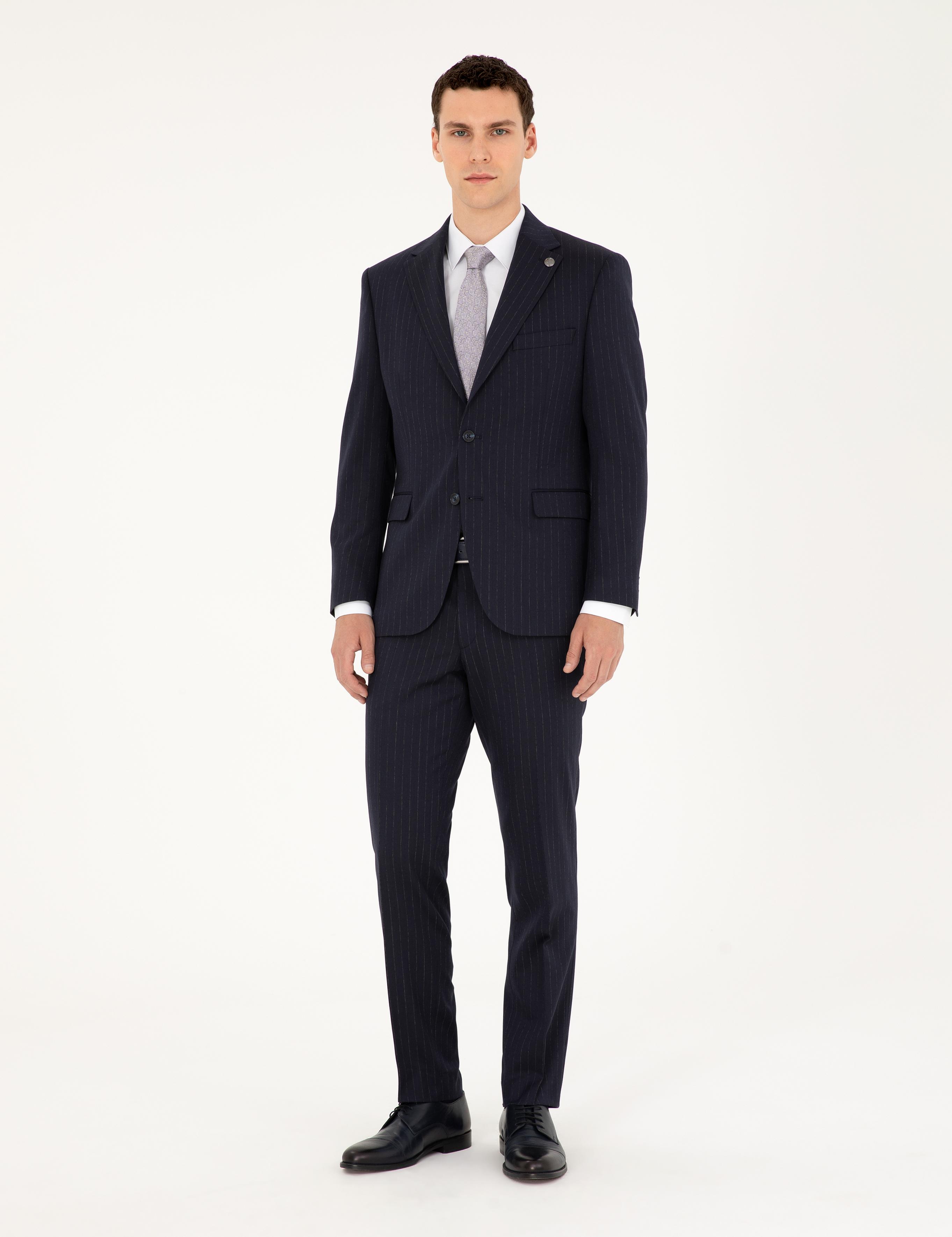 Lacivert Slim Fit Çizgili Takım Elbise