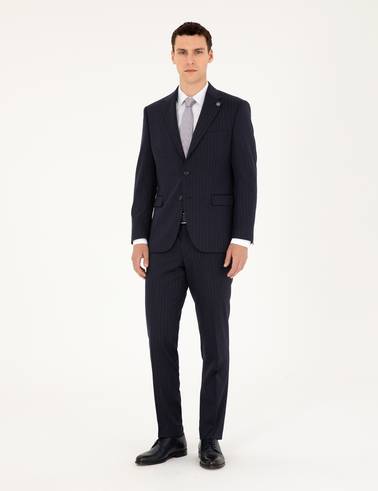 Lacivert Slim Fit Çizgili Takım Elbise