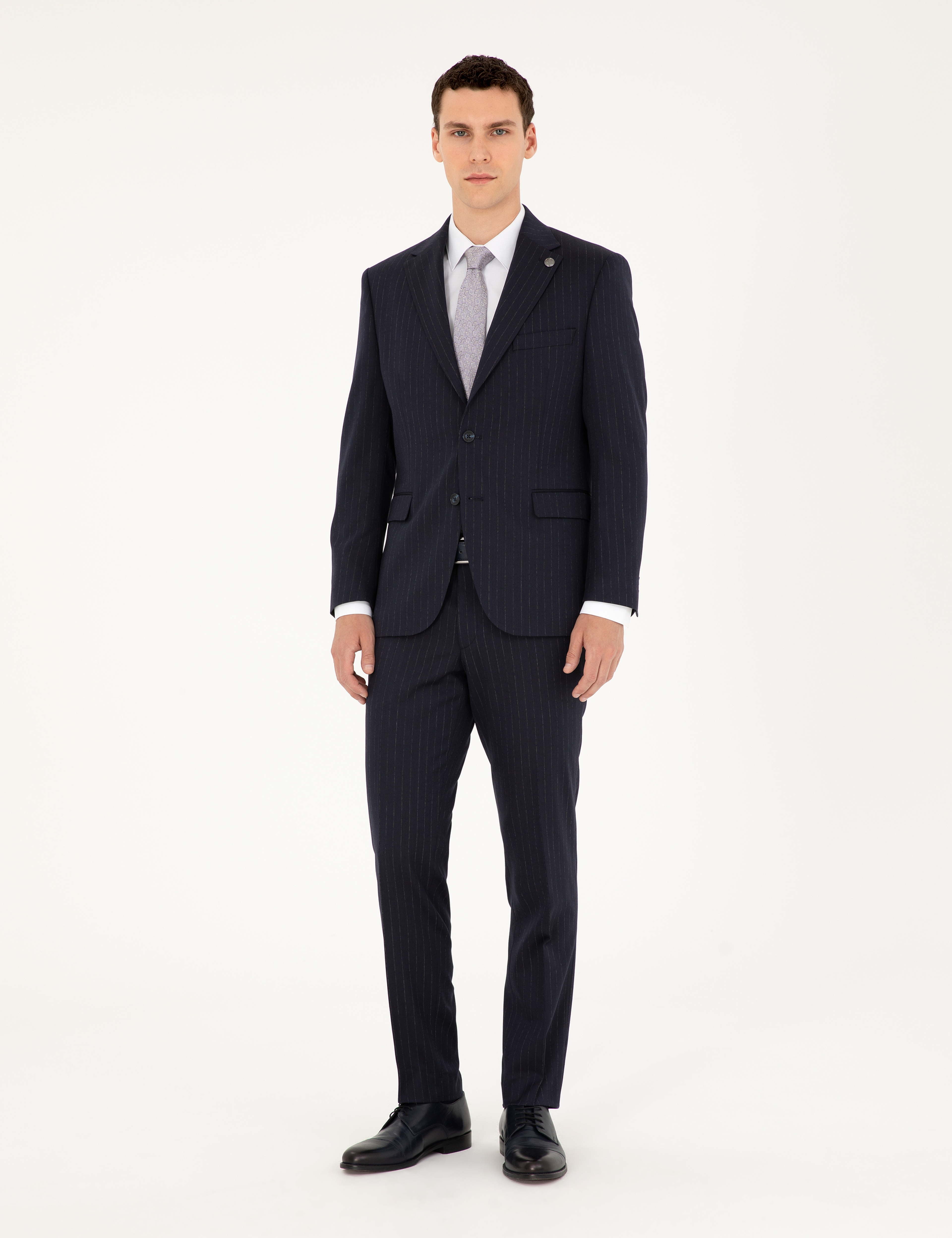Lacivert Slim Fit Çizgili Takım Elbise - Image 4
