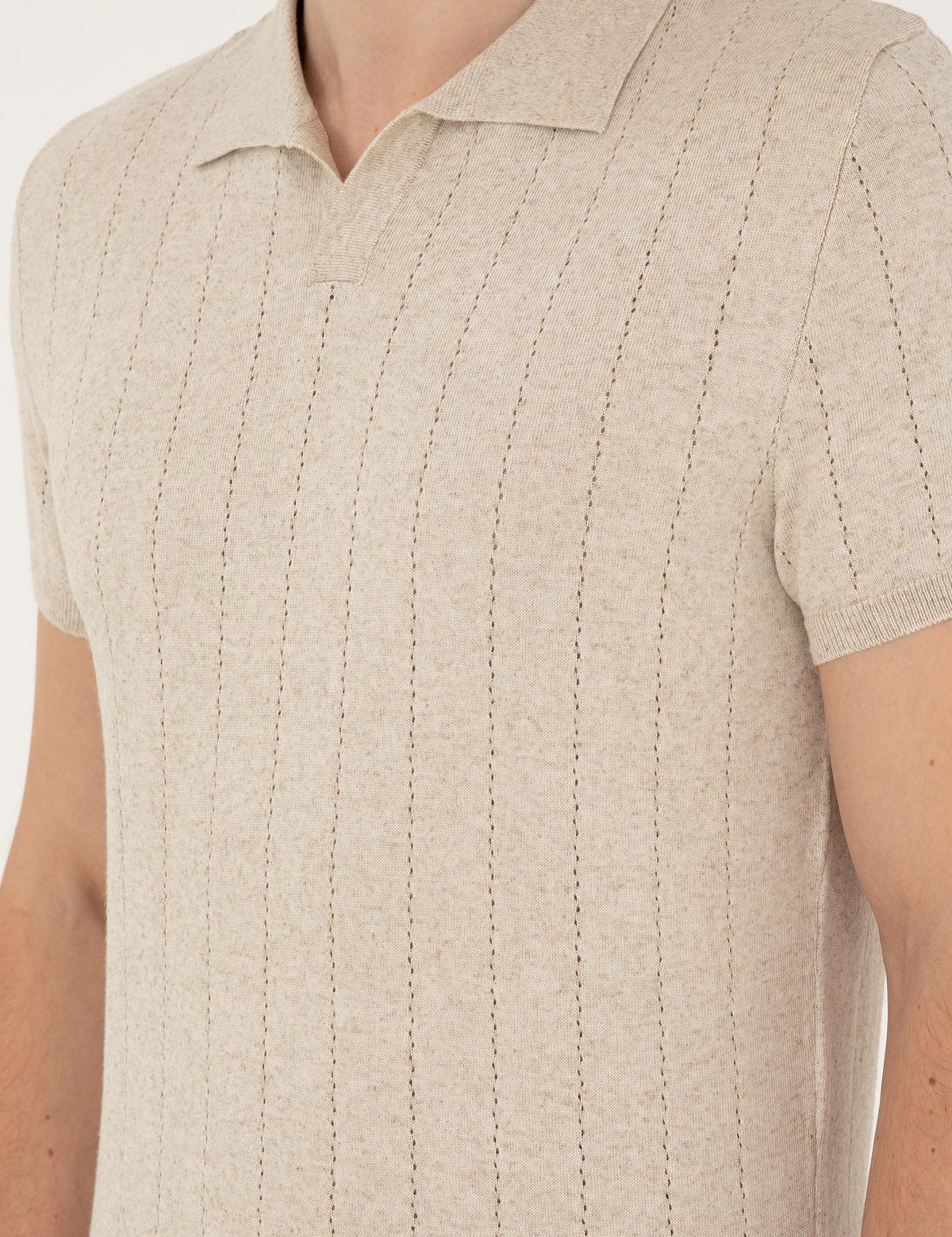 Bej Slim Fit Polo Yaka Keten Karışımlı Triko Tişört - 50302499008