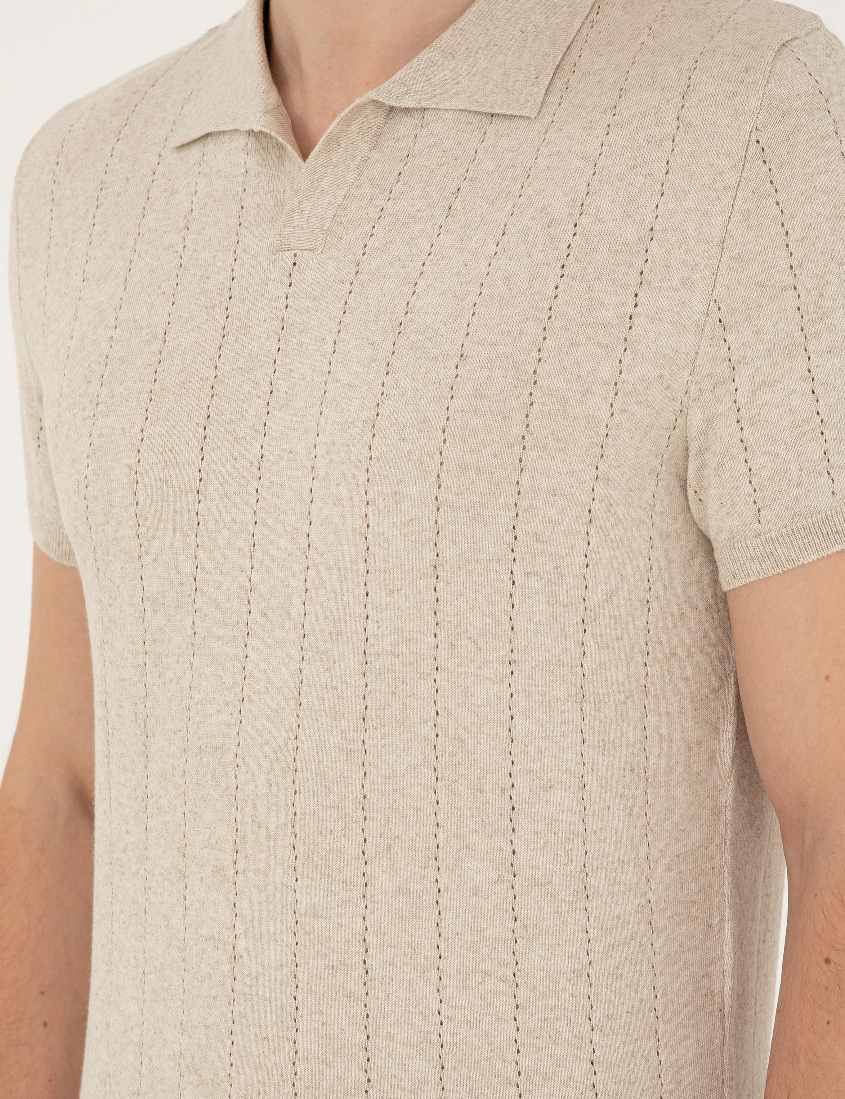 Bej Slim Fit Polo Yaka Keten Karışımlı Triko Tişört