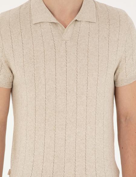 Bej Slim Fit Polo Yaka Keten Karışımlı Triko Tişört - 50302499008