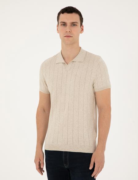 Bej Slim Fit Polo Yaka Keten Karışımlı Triko Tişört - 50302499008