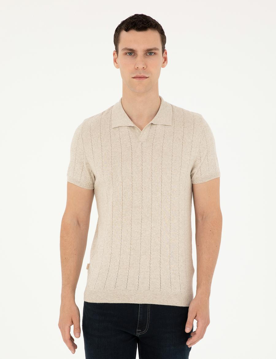 Bej Slim Fit Polo Yaka Keten Karışımlı Triko Tişört