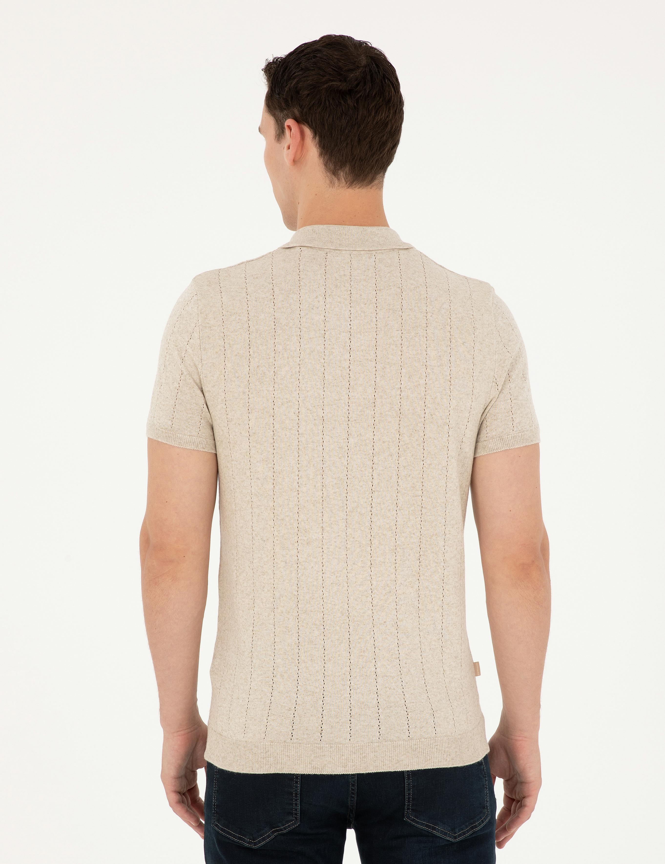 Bej Slim Fit Polo Yaka Keten Karışımlı Triko Tişört