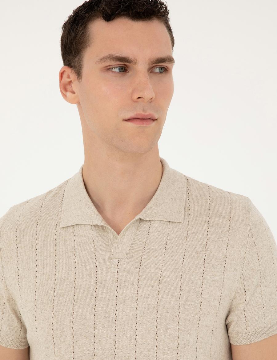 Bej Slim Fit Polo Yaka Keten Karışımlı Triko Tişört