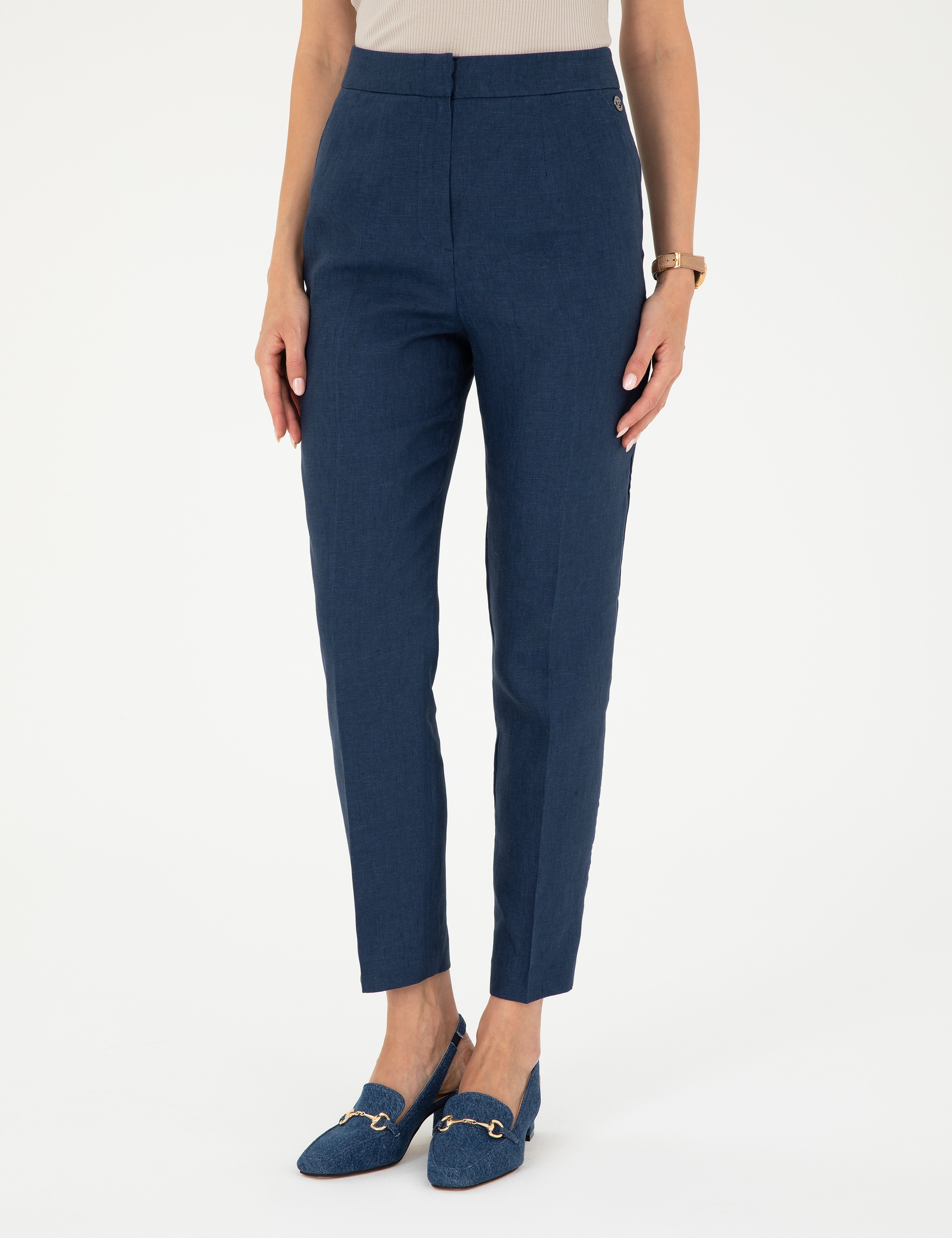 Lacivert Carrot Fit Keten Pantolon - Image 2