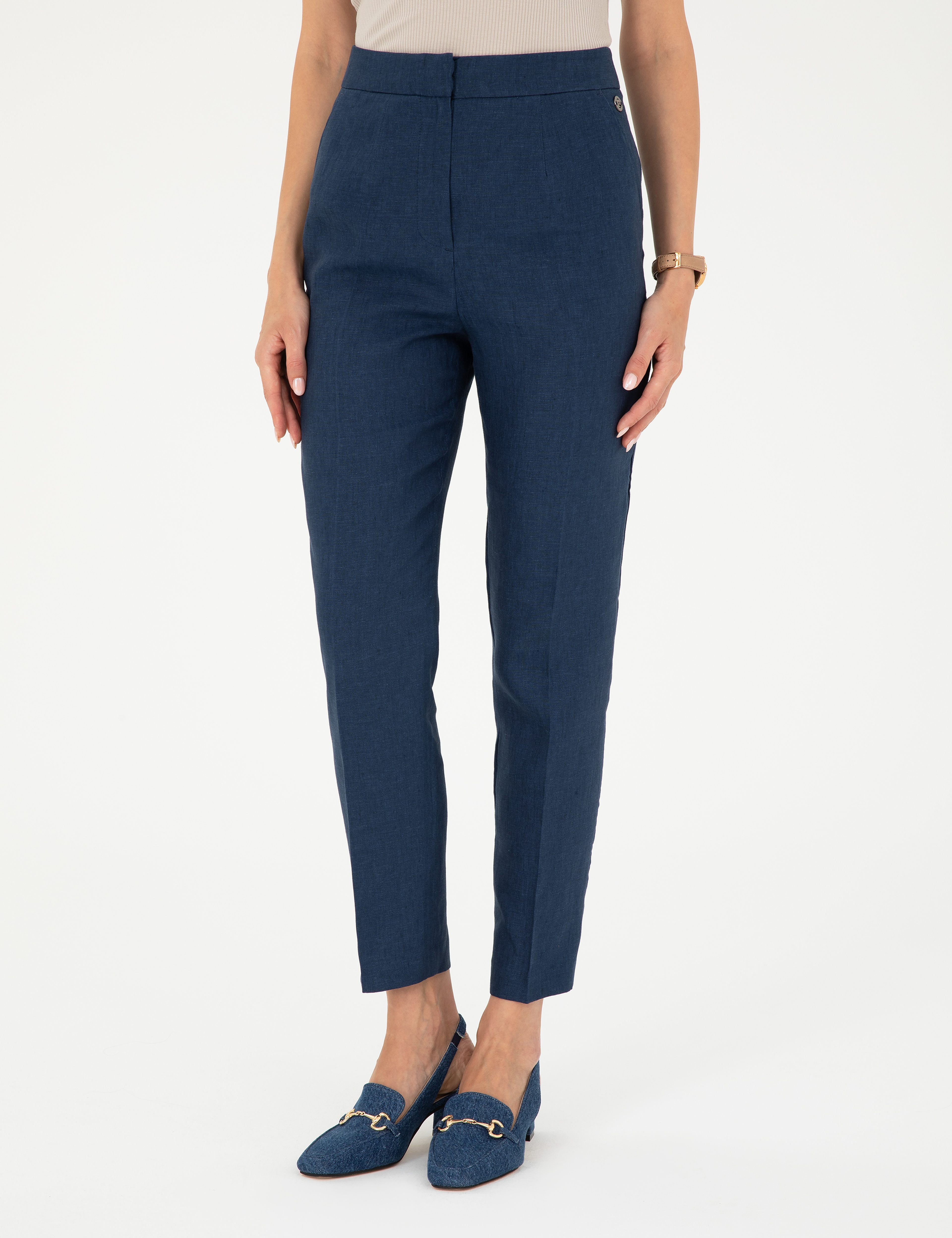 Lacivert Carrot Fit Keten Pantolon