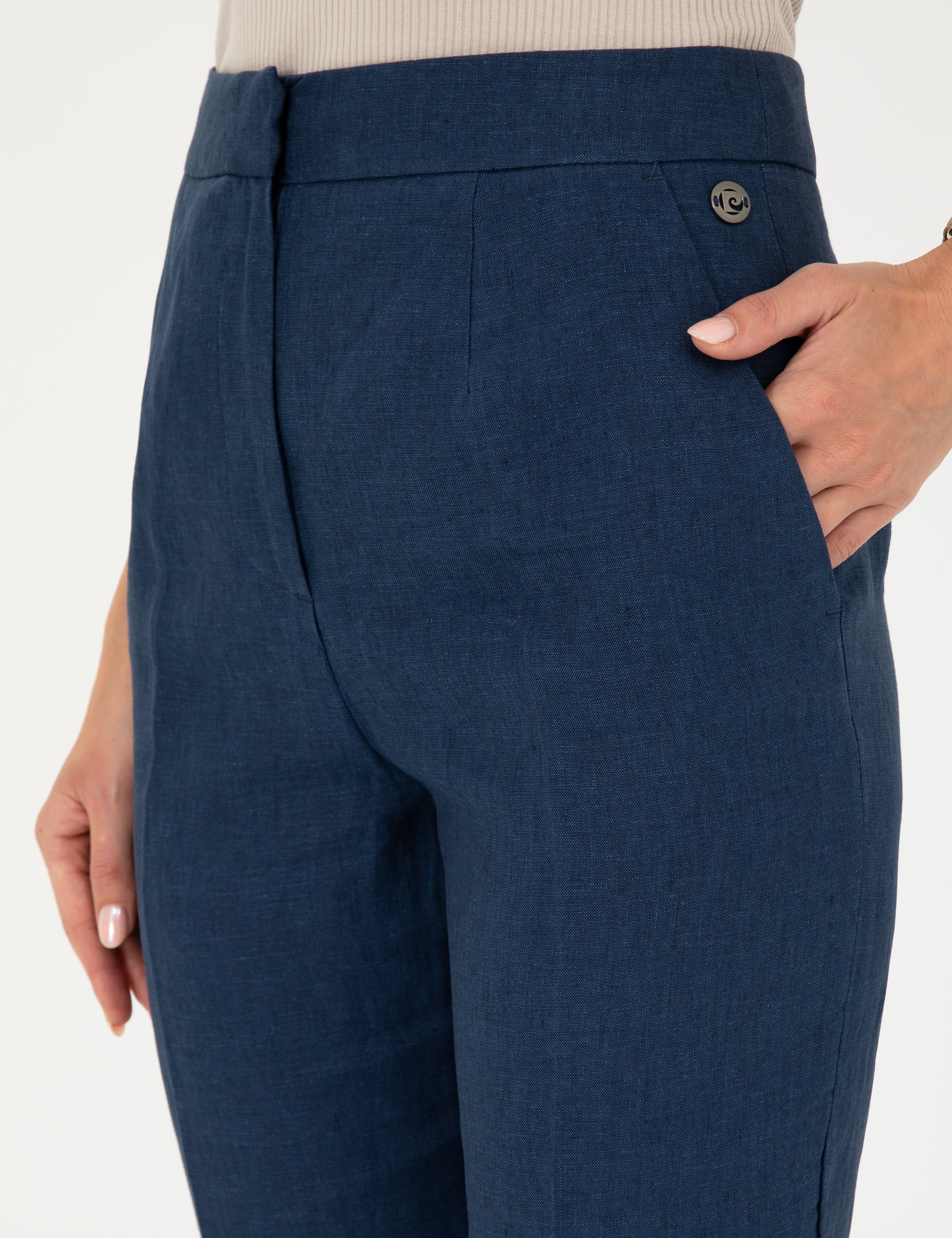 Lacivert Carrot Fit Keten Pantolon