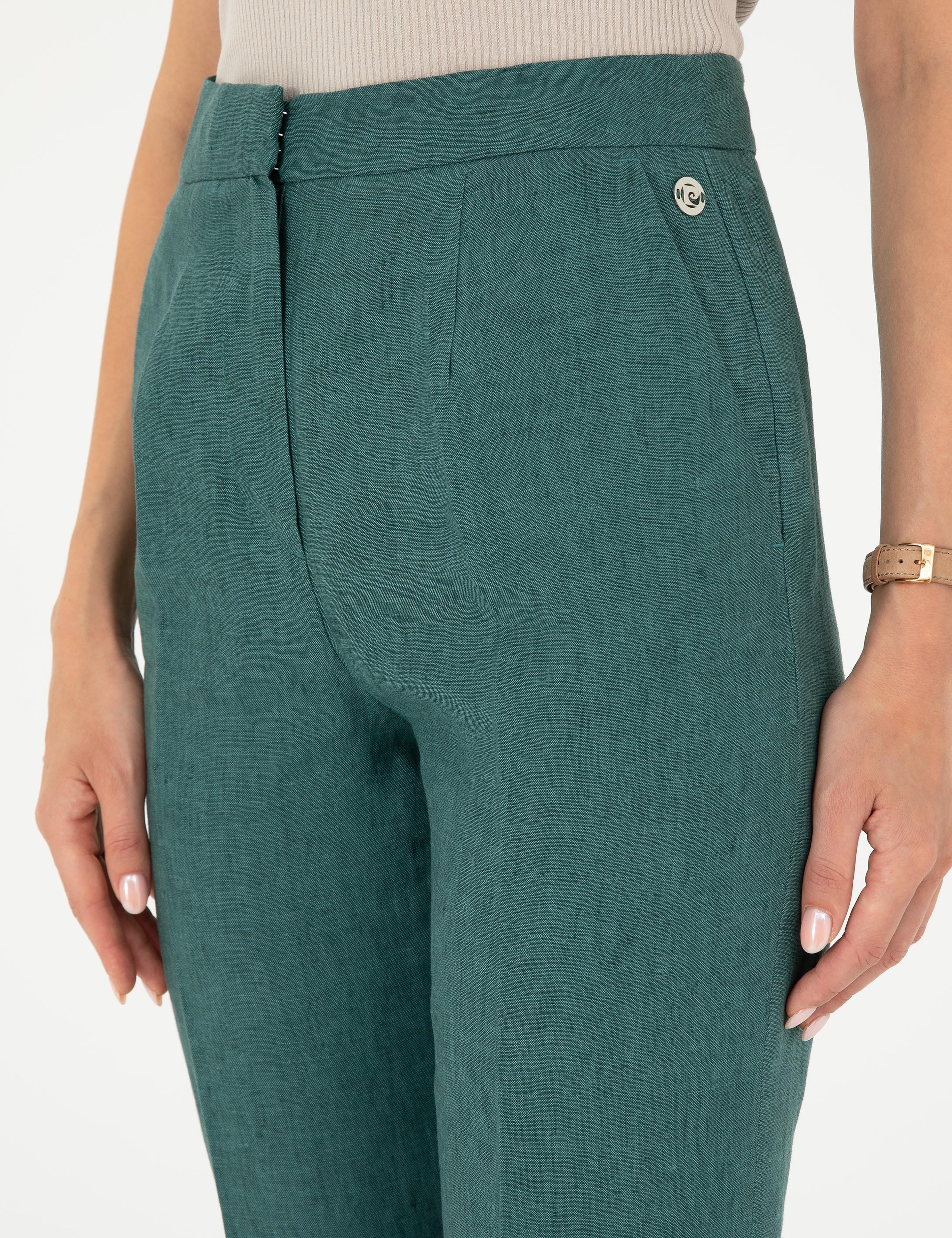 Yeşil Carrot Fit Keten Pantolon - Image 5