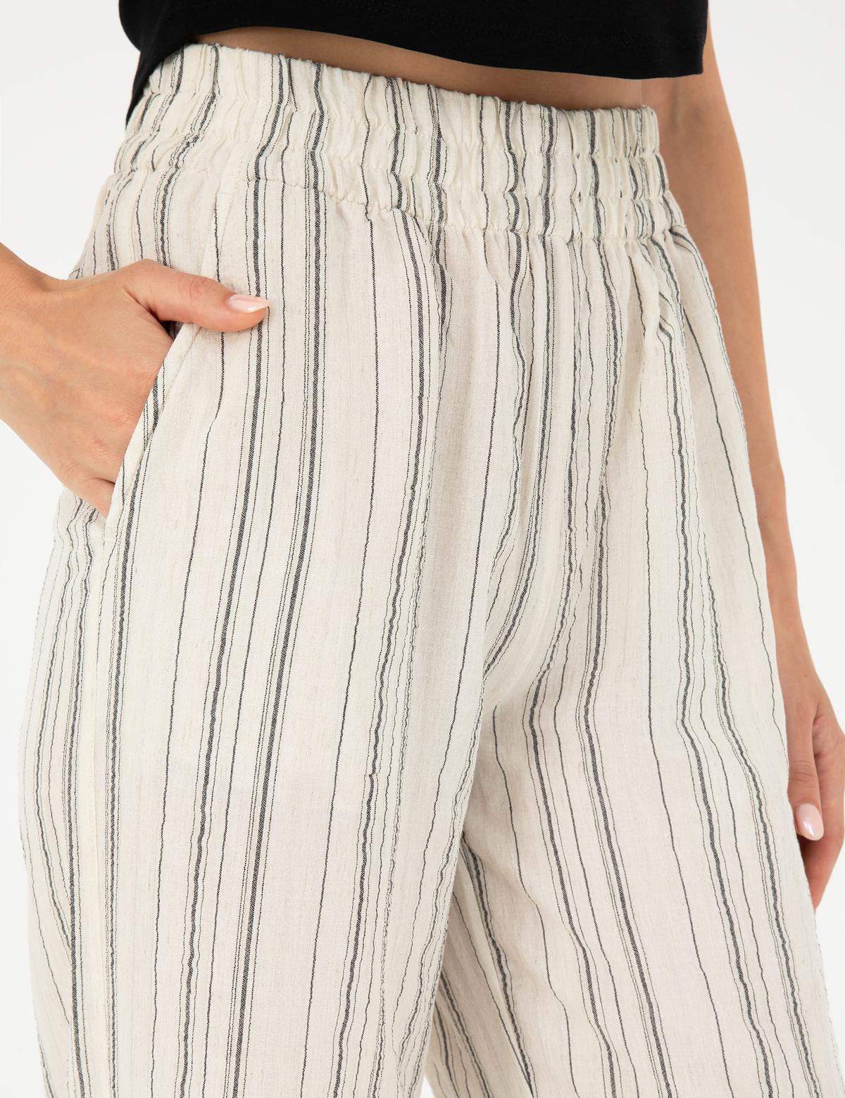 Ekru Dokulu Yüksek Bel Loose Fit Pantolon - 50284528020