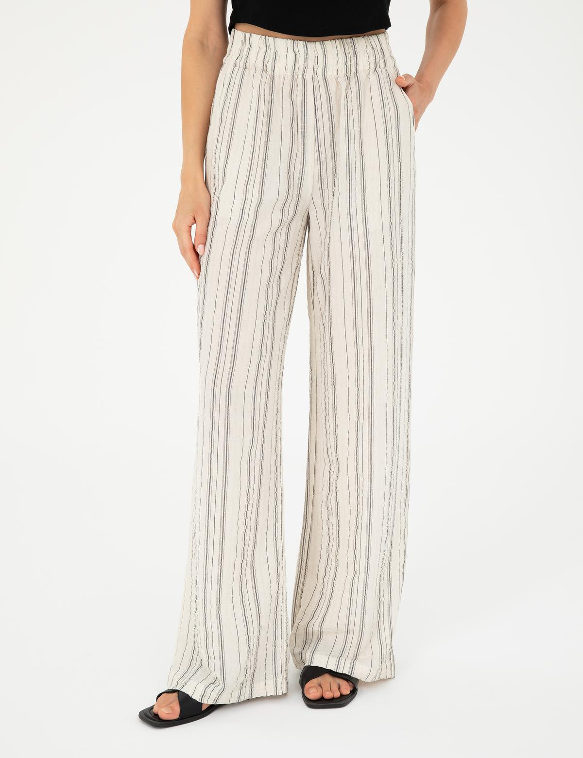 Ekru Dokulu Yüksek Bel Loose Fit Pantolon - 50284528020