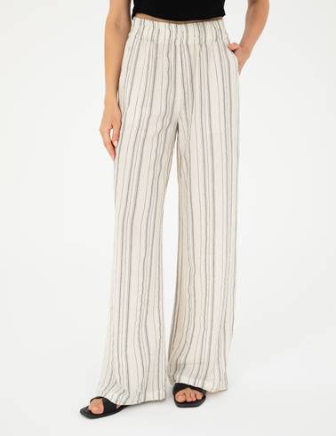 Ekru Dokulu Yüksek Bel Loose Fit Pantolon