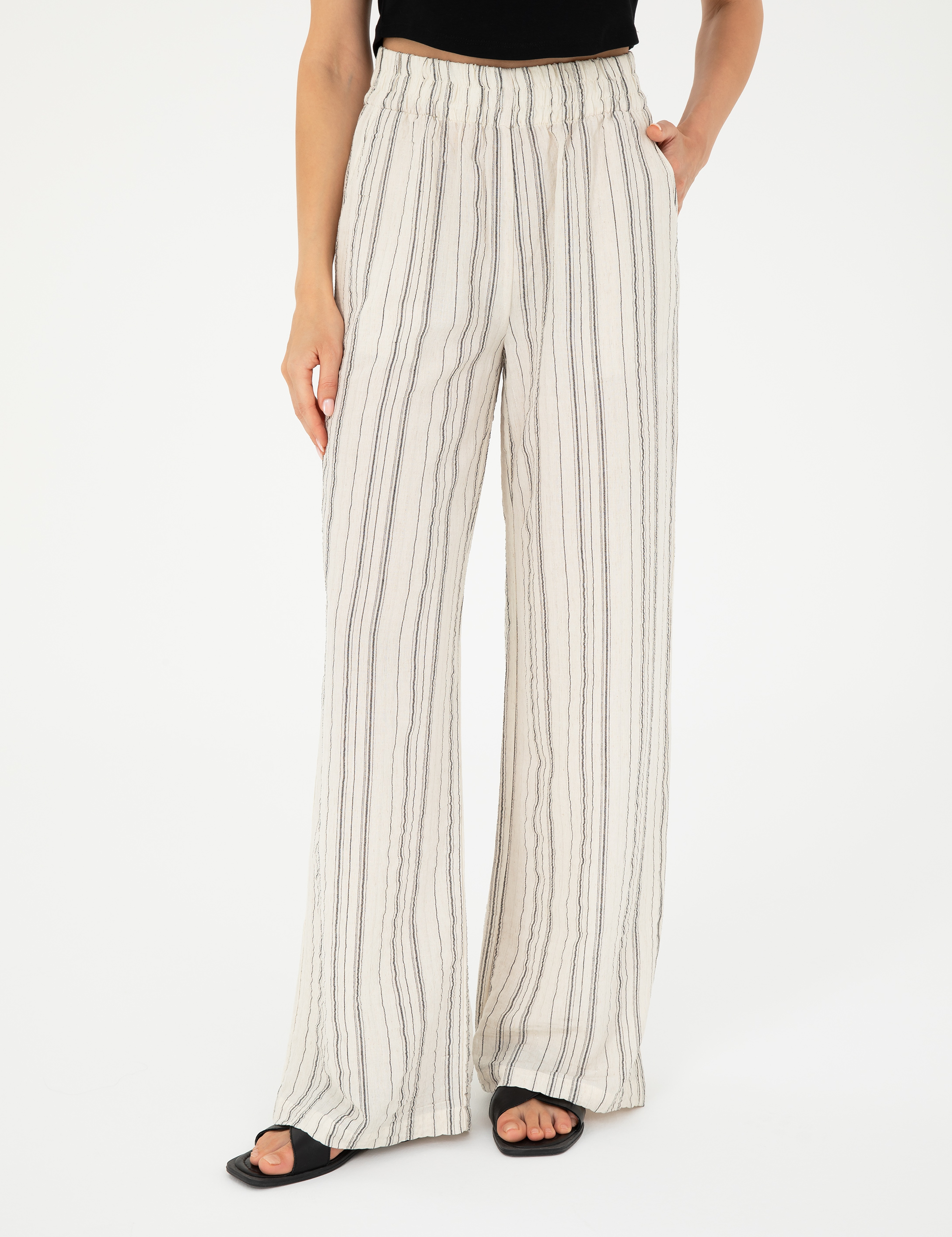 Ekru Dokulu Yüksek Bel Loose Fit Pantolon - Image 2