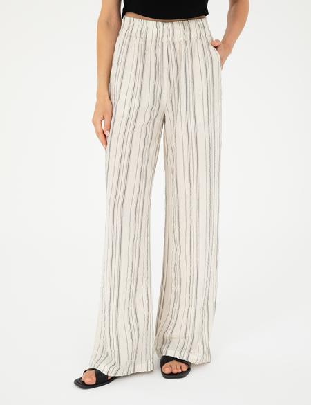 Ekru Dokulu Yüksek Bel Loose Fit Pantolon - 50284528020