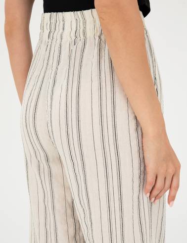 Ekru Dokulu Yüksek Bel Loose Fit Pantolon